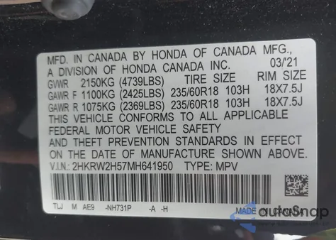 2021 Honda Cr-V Awd Ex z USA, uszkodzony, nr VIN 2HKRW2H57MH641950